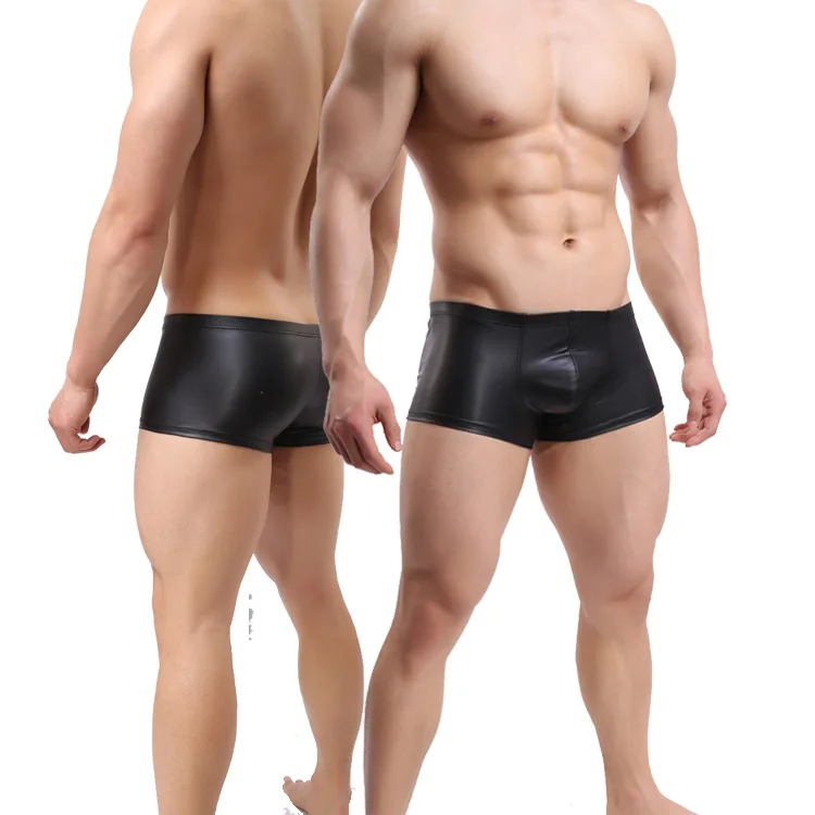 2019 New Faux Leather U Pouch Boxers Men's Sexy Siamese Boxers Sexy Underwear Black/Gold/Silver S M L XL XXL Free Shipping 2