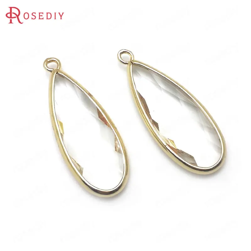 

(36407)6PCS 36x14MM 24K Champagne Gold Color Brass with White Glass Faceted Long Drop Shape Charms Pendants Jewelry Findings