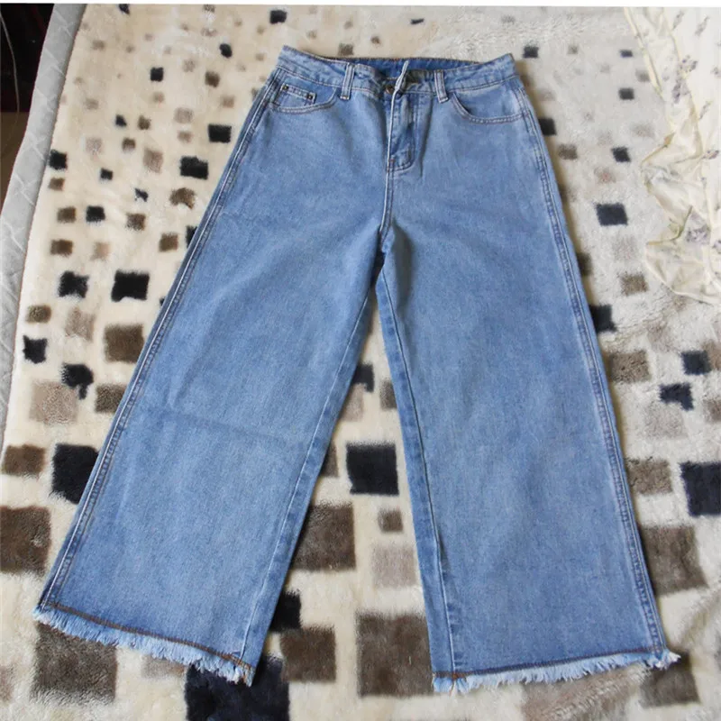 Джинсы женские брюки с широкими штанинами 4 сезон Высокая Талия свободное до щиколотки Штаны модные Повседневное синий Высокое качество плотные джинсовые ковбойские