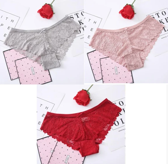 grey pink red 3 шт., трусы для женщин, нижнее белье, сексуальные кружевные дышащие женские трусики, полые прозрачные трусы, сексуальное нижнее белье для женщин Aofeiqike - Цвет: grey pink red
