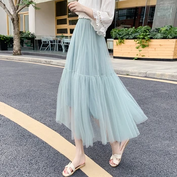 

Skirt Summer 2019 New Fashion Sweet Stitching Mesh Skirt Pleated A-line Elastic Waist Mid-length Solid Color Party Beach Skirt