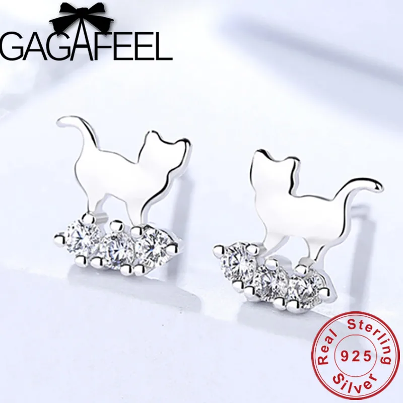 

GAGAFEEL 925 Sterling Silver Cute Cat Earrings Korean Style Small Stud Earrings 100% Pure Crystal Jewelry Birthday Gift