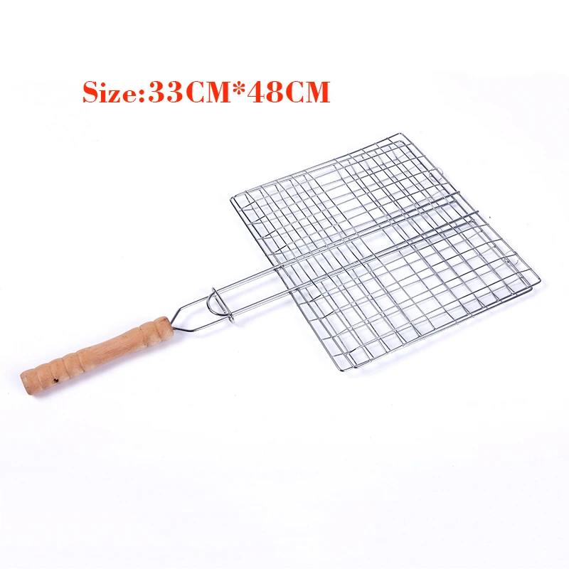 33CM*48CM Foldable DIY Barbecue Grilling Basket Wood Handle Outdoor BBQ Grilling Fish Rack Barbecue Tool Fish Grill Net