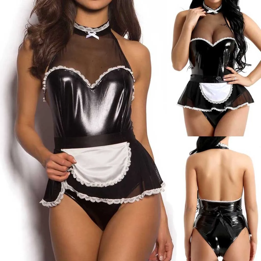 

Plus Maid patent leather uniform S-4XL Sexy Uniform Costumes Role Play Female Sexy underwear set lingerie нижнеебелье 41*