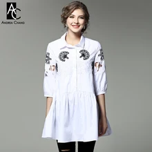 spring summer runway designer womans dresses dark blue white mini cotton dress leaf pattern beading embroidery shirt style dress