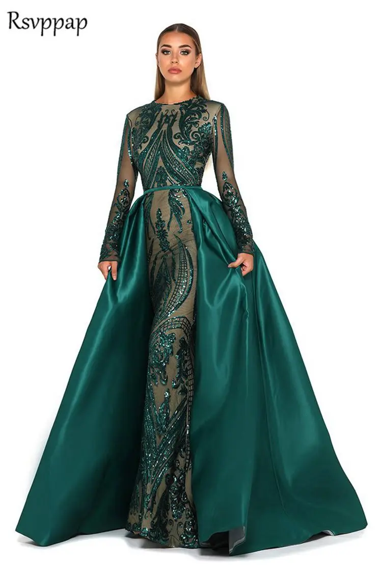 Длинное вечернее платье 2019 с длинным рукавом Русалка Кружева Саудовской Аравии изумрудно-зеленый Для женщин Формальное вечернее платье с