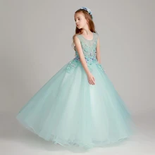 Мятное зеленое цветастое платье для девочки Кружевная аппликация без рукавов доходящая до пола Тюль Первое причастие девочки праздничные нарядные платья
