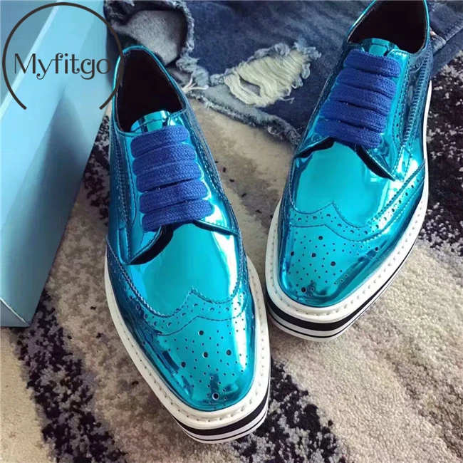 

Myfitgo Spring Flat Platform Women Shoes Fashion Brand Female Brogues Shoes Lace up Solid Loafers Patent Leather Casual Shoes