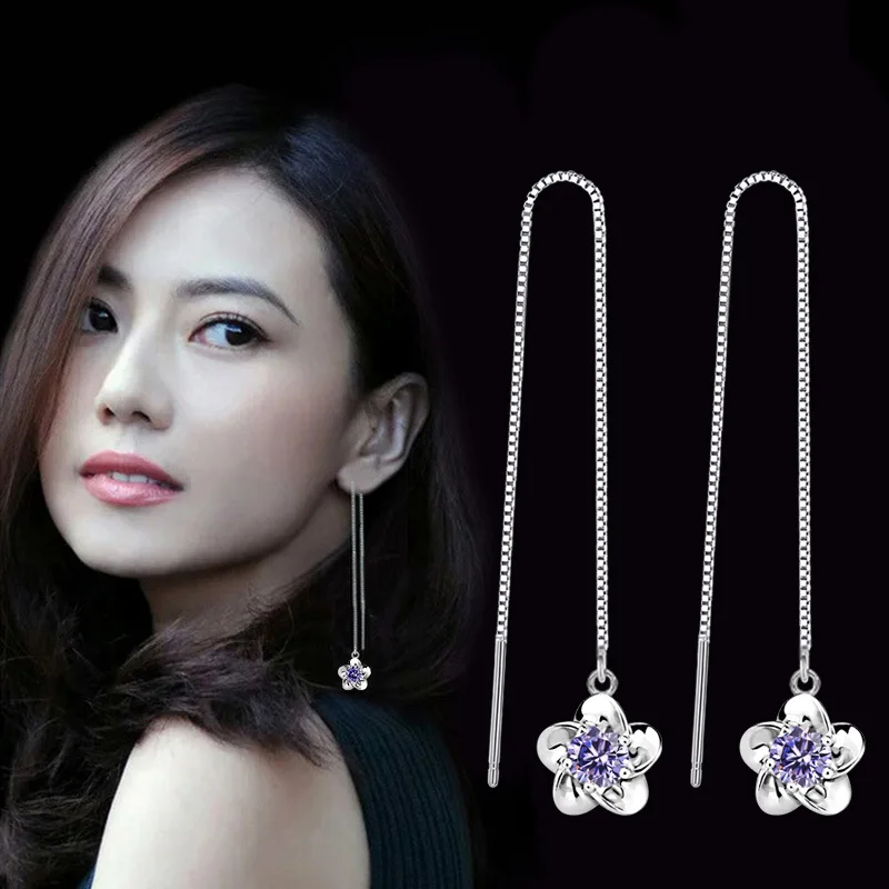 Simple Fashion Zircon Plum Blossom Flower Drop Earrings Box Chain Long Tassel Ear Line J17-5 | Украшения и аксессуары