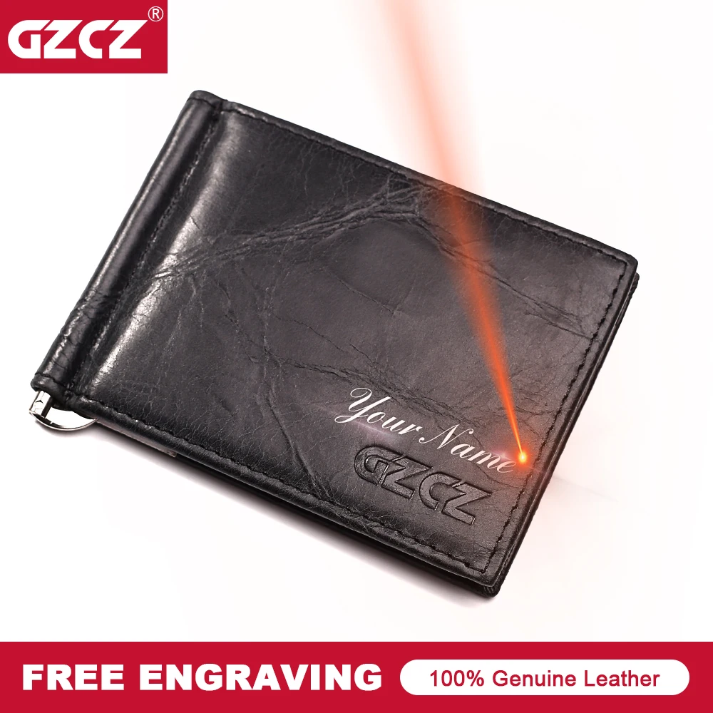 Cena GZCZ mężczyźni prawdziwej skóry pieniądze klipy wygrawerować nazwa Vintage portfel męski uwaga przedział Bifold mężczyzna torebka wąski portfel wysokiej jakości