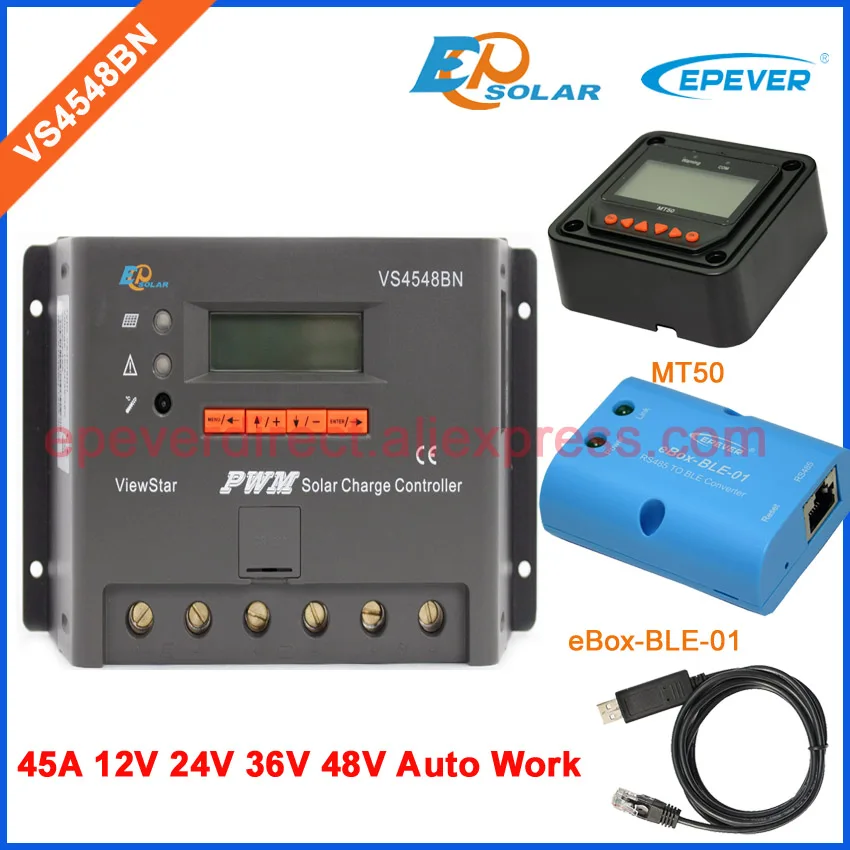 MT50 BLE and USB 45 усилителей EPEVER солнечные панели регулятора ШИМ VS4548BN 12 В/24 В/36 В/48 В батареи зарядное устройство MT50 Дистанционное метр ЖК-дисплей и датчик температуры - Цвет: MT50 BLE and USB