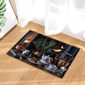 

Furnishings Rugs Dining Table Oil Lamp Peacock Feather High Tea Non-Slip Doormat Entryways Indoor Front Door Mat Kids Mat
