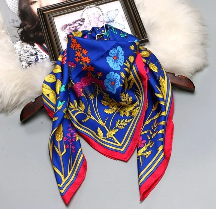 Цветочный принт большой квадратный шелковый шарф шаль хиджаб платок Шелковый саржевый шарф Обертывания женские подарки 88x88 см - Цвет: Royal Blue