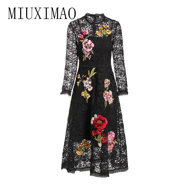 

High Quality 2019 Spring Newest Arrival Vintage O-Neck Full Sleeve Lace And Embroidry Print Mid-Calf Elegant Vintage Dress Women