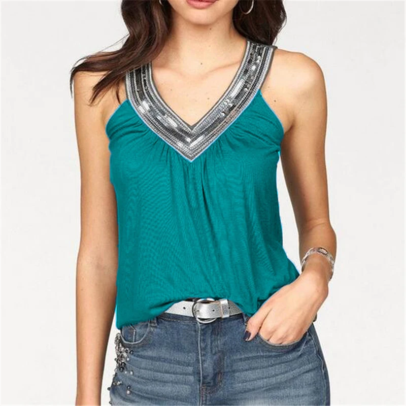 

New 2019 Sexy V Neck Tank Tops Women Off Shoulder Sequined Casual T-Shirts Solid Color Slim Fit Female Clothing Plus Size 5XL