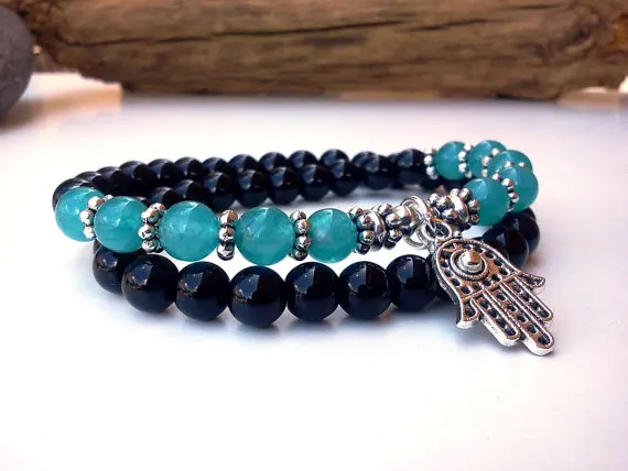 Женский двойной браслет SN0595 Хамса Onyx Hamsa|stretch bracelet|hamsa braceletbracelet onyx |