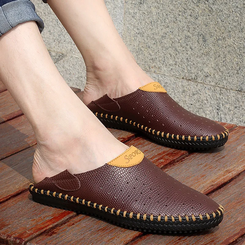 Men's Summer Shoes Leather Clogs Big Size 45-48 Breathable Hollow Slip-On Casual Shoes For Men Rubber Sole Flat Sandals Male Men's Summer Shoes Leather Clogs Big Size 45-48 Breathable Hollow Slip-On Casual Shoes For Men Rubber Sole Flat Sandals Male