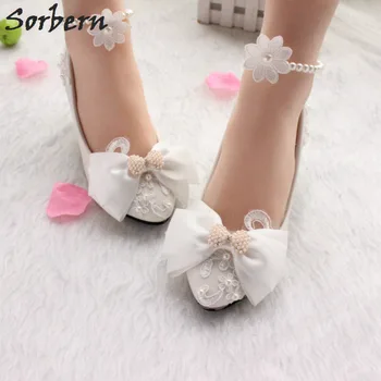 

Sorbern White Bow Wedding Shoes 5Cm Kitten Heels Beading Straps Bridal Shoes Pumps Heels Flower Shoes Women White Wedding Shoes