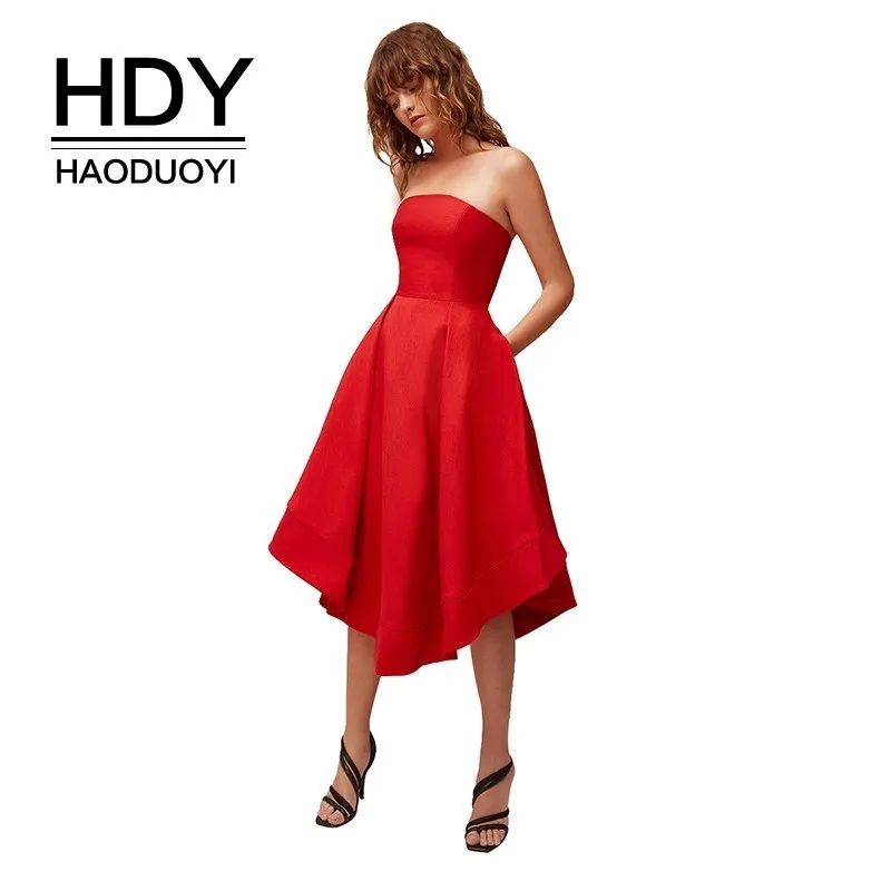 

HDY Haoduoyi Women Sexy Sleelveless Solid Tube Top 2019 Summer New Coming Fashion Slash neck Off Shoulder Mid-calf Dress