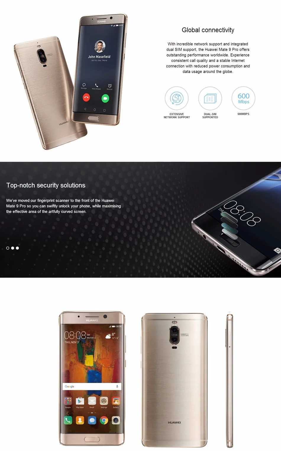 Original HuaWei Mate 9 Pro 4G LTE Smart Phone 20.0MP Kirin 960 Octa Core 5.5" Screen 2560x1440 Android 7.0 Fingerprint Dual Sim huawei cellphone model