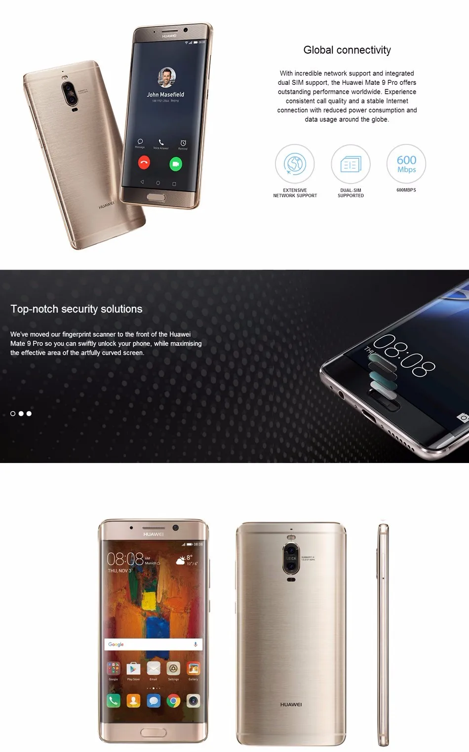 DHL Fast Delivery HuaWei Mate 9 Pro 4G LTE Mobile Phone 5.5" 2K Full Screen Kirin 960 20.0MP Dual Sim Android 7.0 Fingerprint huawei cell phone models