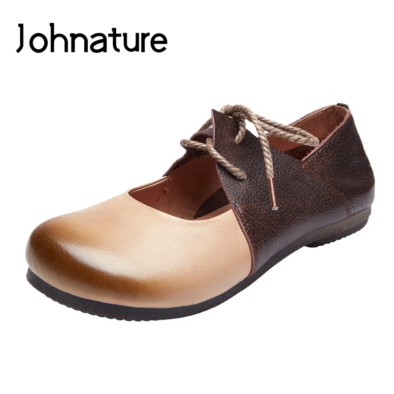 

Johnature 2020 New Spring/autumn Handmade Genuine Leather Retro Soft Sole Mixed Colors Lace-up Round Toe Flats Women Shoes