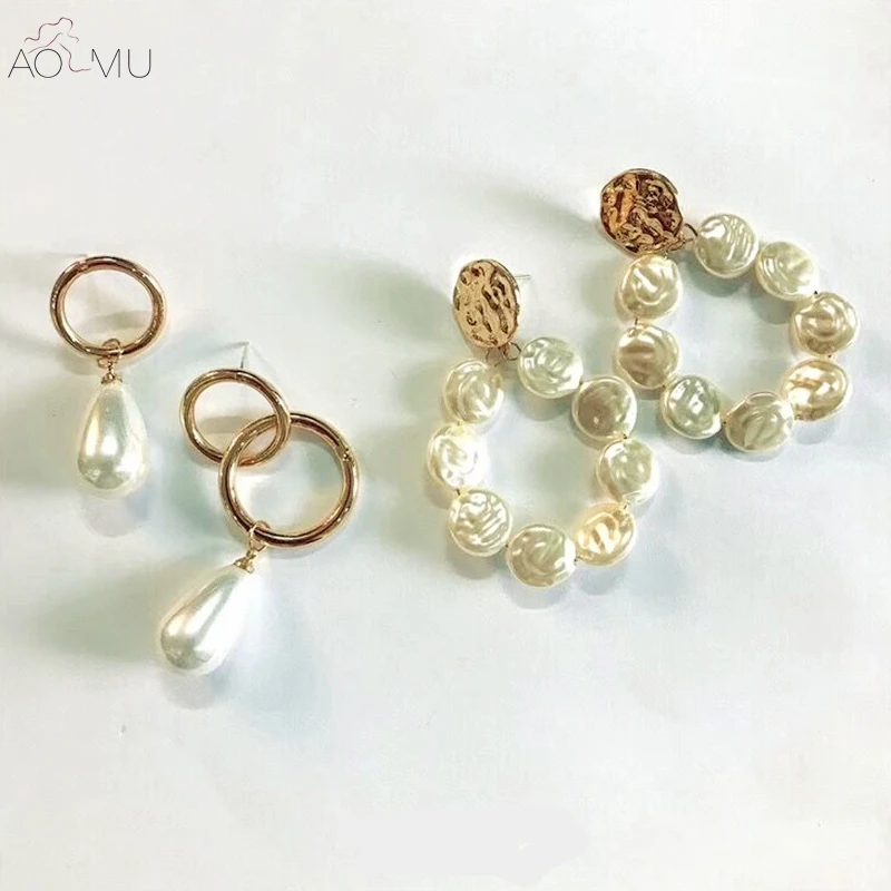 

AOMU S925 Silver Pin Japan Korea New Metal Gold Round Chain Circle Pearl String Long Earrings Asymmetric Waterdrop Earrings