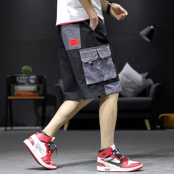 

Plus Size M-5XL Harajuku Patchwork Trousers Men Shorts Streetwear Men Knee Length Trousers Casual Shorts 2019 Summer Cargo Short