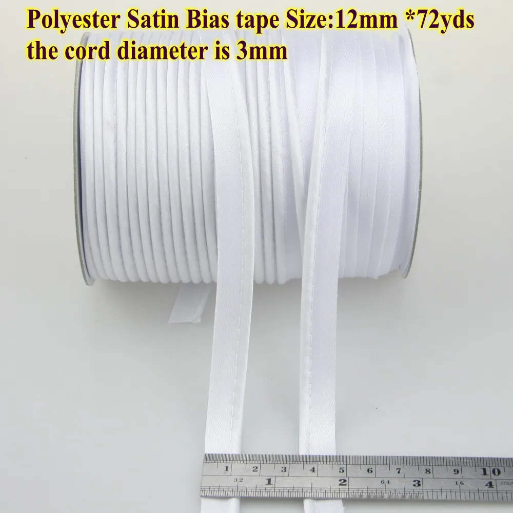 

Free Shipping-Polyester satin Bias Tape with cord,Piping tape,size: 12mm,1/2",72yds for DIY garment optical white bleach white