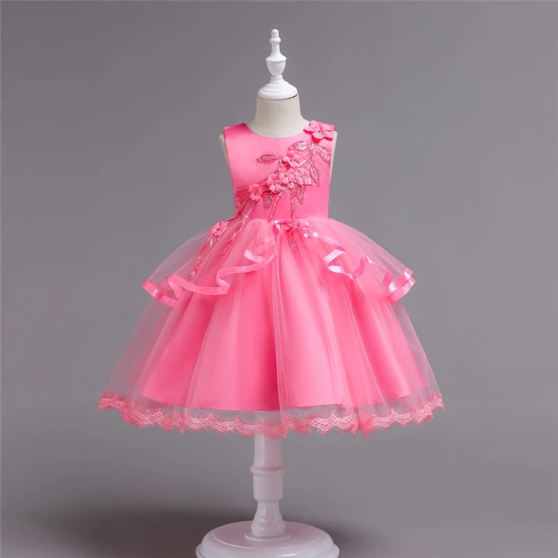 

Hot Girls Embroidered Lace Dresses Flower Girls Dress Children Celebration Party Clothing Kids Sleeveless Backless Wedding Dress