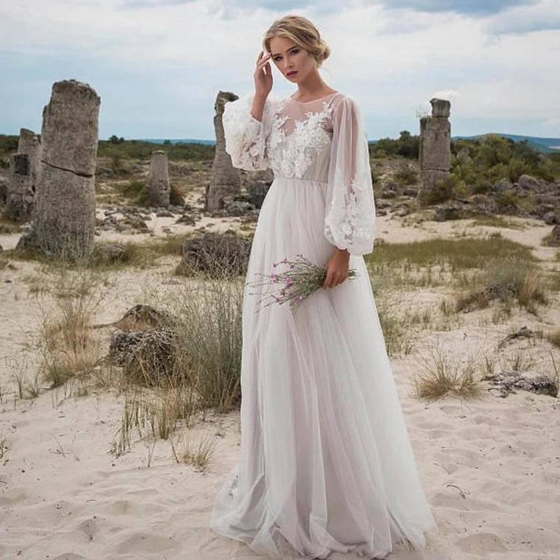 

Boho Long Sleeves Wedding Dress 2019 Robe de mariee Vintage Lace Top New Bridal Dress Tulle Wedding Gowns