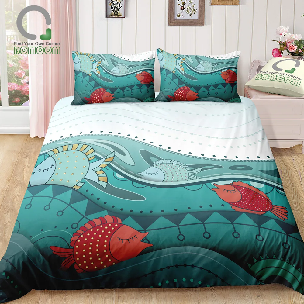 

BOMCOM 3D Digital Printing Hand Drawn Sleeping Fish in Waves Ethnic Children's Painting bedding Sets 100% Microfiber