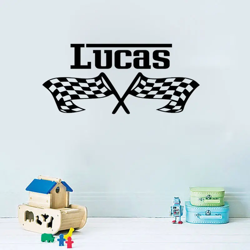 

Race Flag With Custom Personalized Wall Sticker Vinyl Wall Decals Children Room Art Decorative Wall Sticker Y-592
