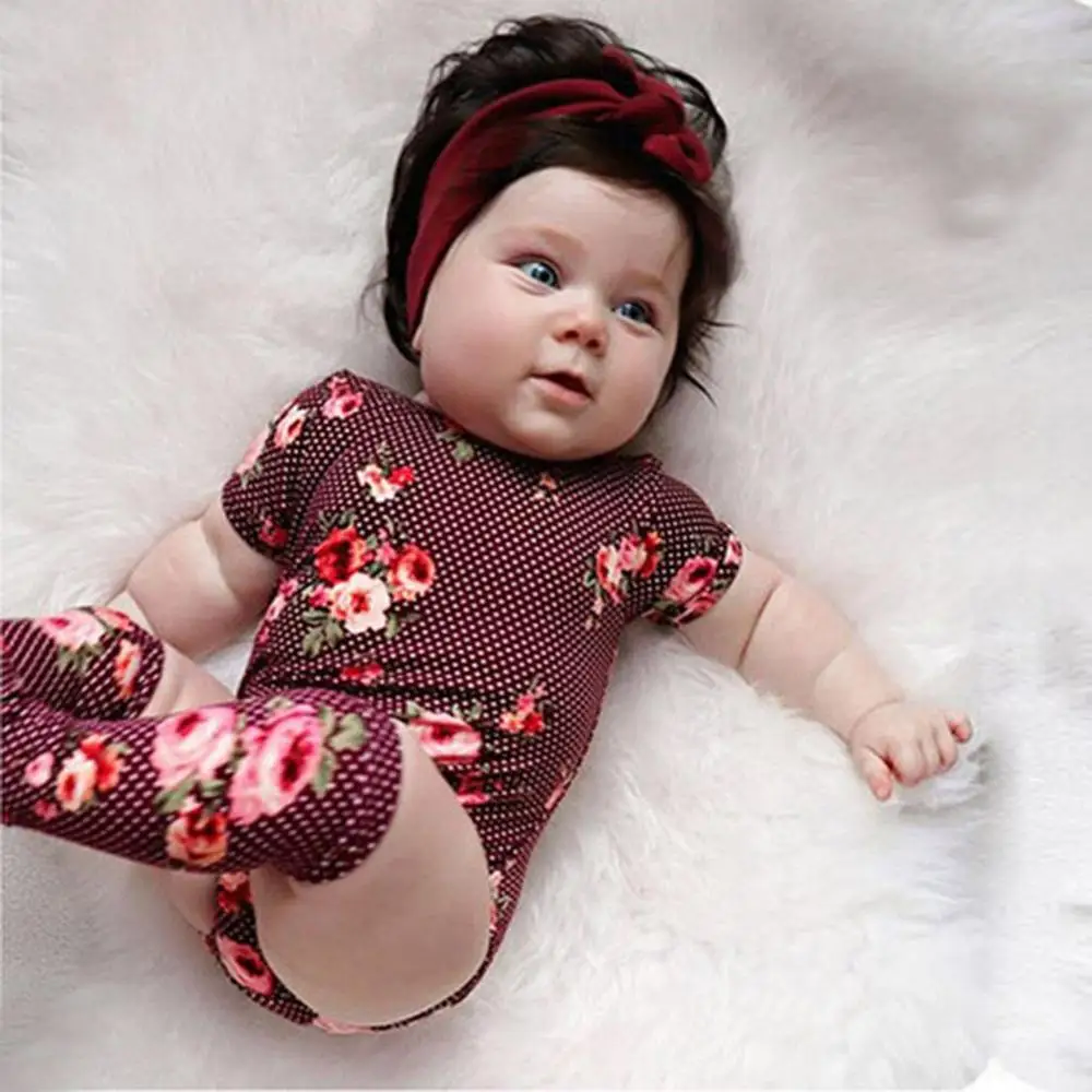 

3PCS Baby Romper Girl Floral Short Sleeve Cute Romper+Stockings Set Age 0-18 Months Outfit Newborn Casual Clothes