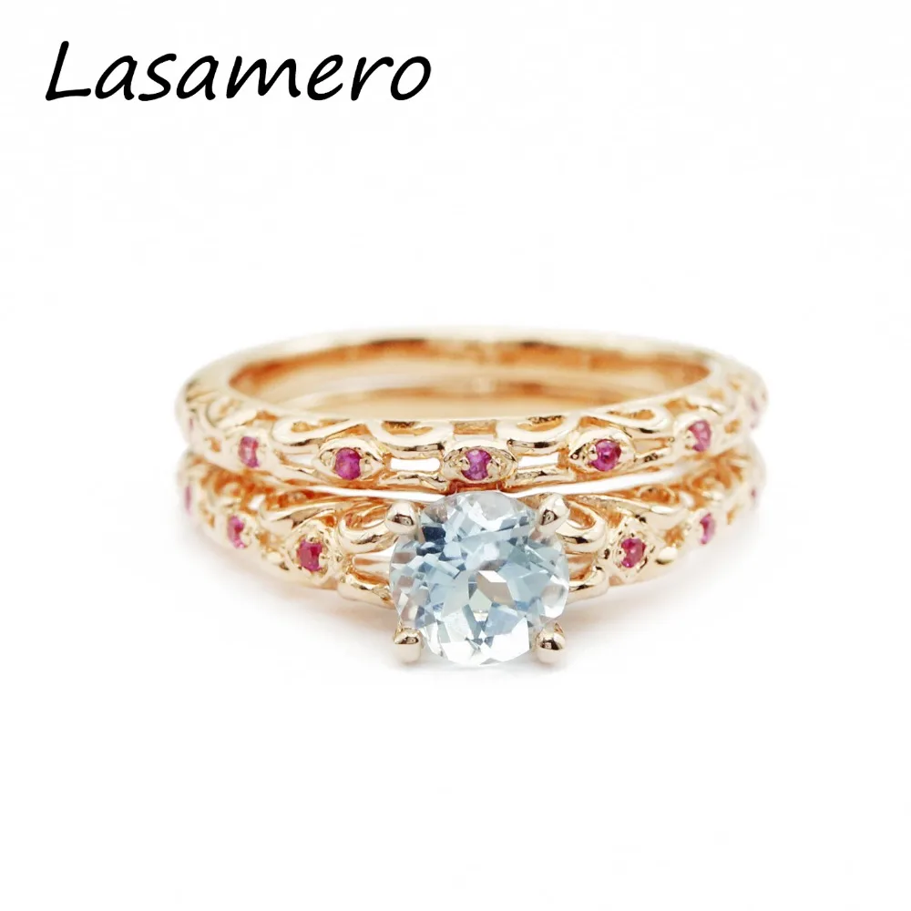 LASAMERO 0.85CT Round Cut Natural Aquamarine Gemstone 925 Silver Art Deco Half Eternity Engagement Wedding Bridal Set Rings