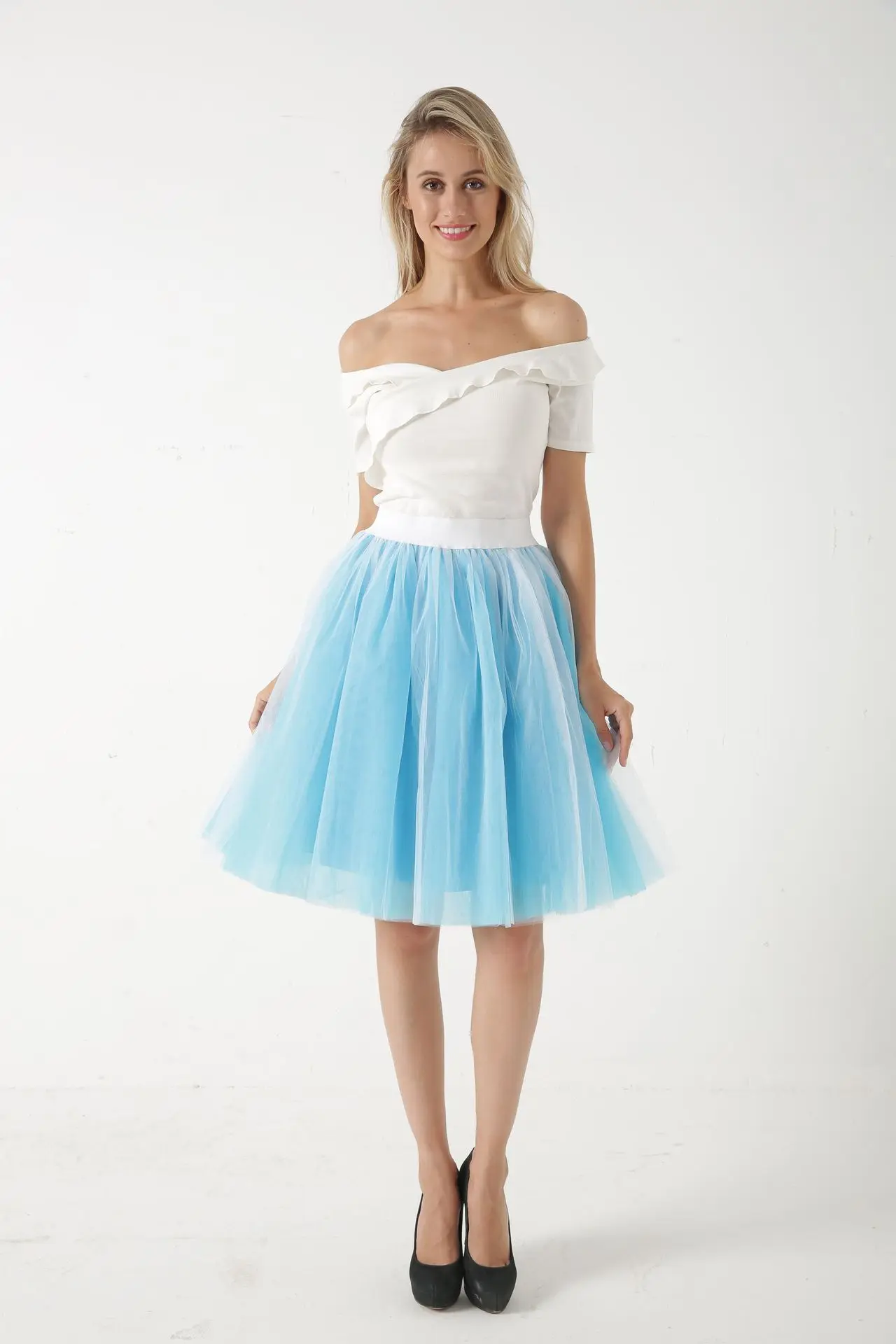 white and blue 5 слоев 60 см принцесса Тюлевая юбка средней длины плиссированная юбка-пачка для танца Женская Нижняя юбка в стиле "Лолита" Jupe Saia faldas джинсовые юбки для вечеринок - Цвет: white and blue