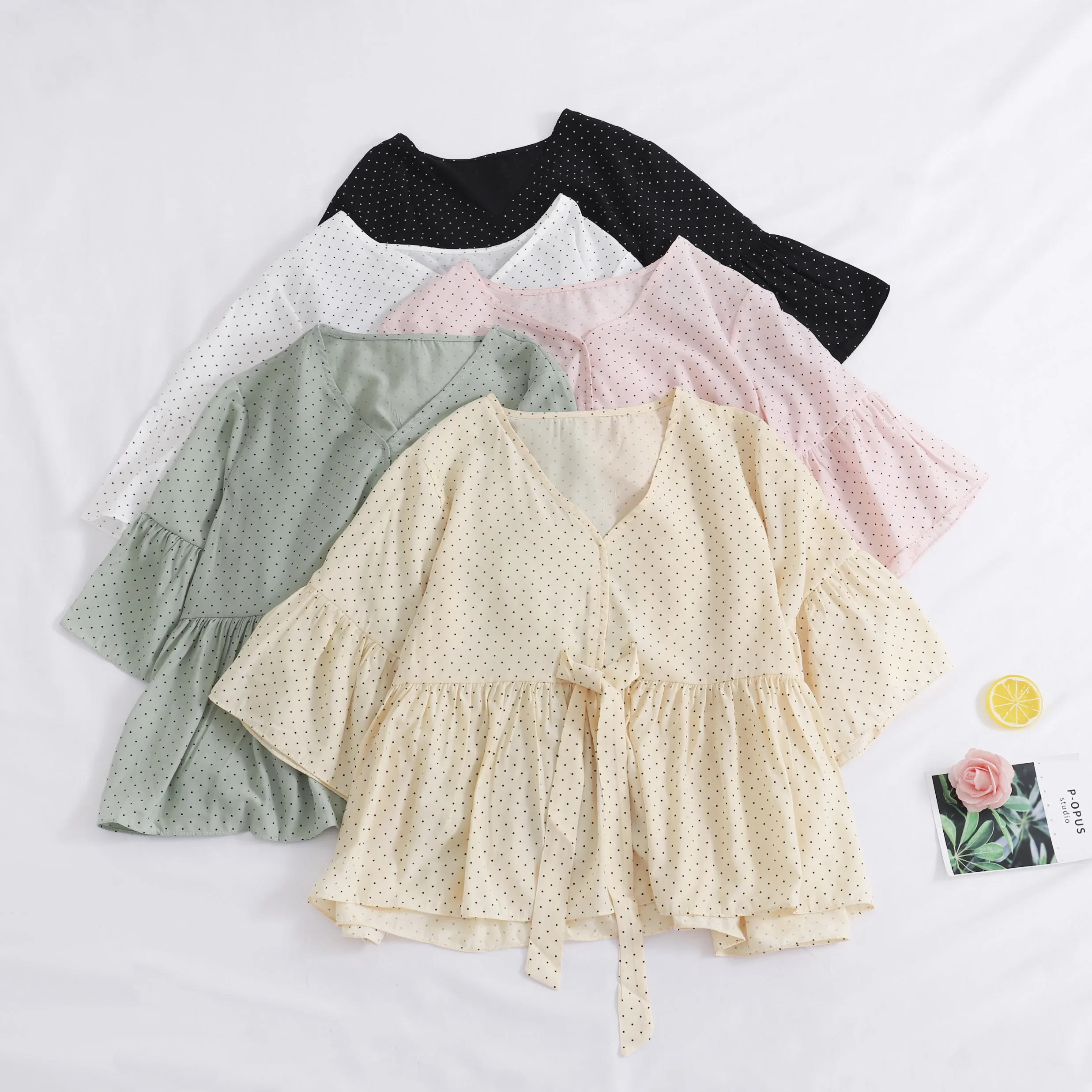 

2019 Women Summer Half Flare Sleeve V-Neck Polka Dot Basic Pleated Shirt Vintage Bandage Strap Short Slim Party Bow Blouse Tops