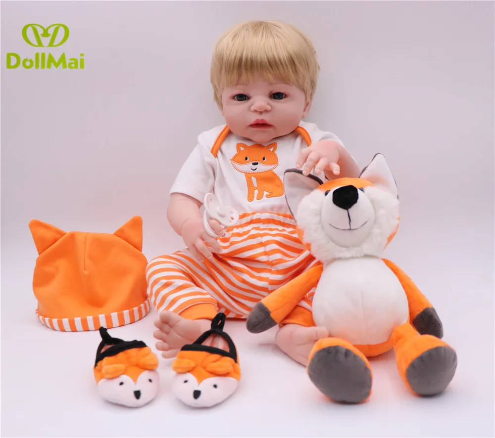 

DollMai Bebe doll 55cm silicone reborn boy baby doll child gift with fox clothing plush doll magnetic pacifier bottle bonecas