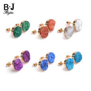 

BOJIU New Women Druzy Stone Ear Stud Earrings Female Green Purple Orange White Blue Ear Nail Earing Lady Girl Gift Jewelry EA056