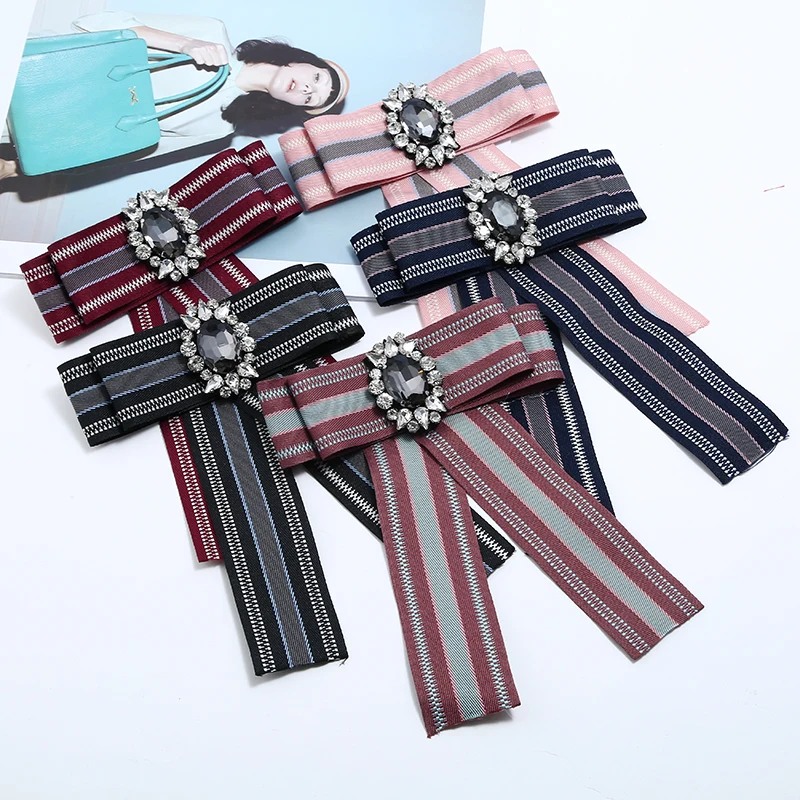 

New Arrive Gothic Style Rhinestone Bowknot Tie Elegant Colorful Stripe Scarf Bohemian Chic Cloth Clip For Lady's Brooch