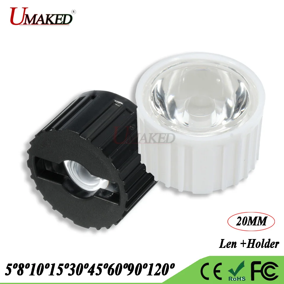 

10set 20mm Clear surface LED lens 5 8 10 15 25 30 45 60 90 120 Angle led len with holder for 1W 3W 5W high power bulb spotlights