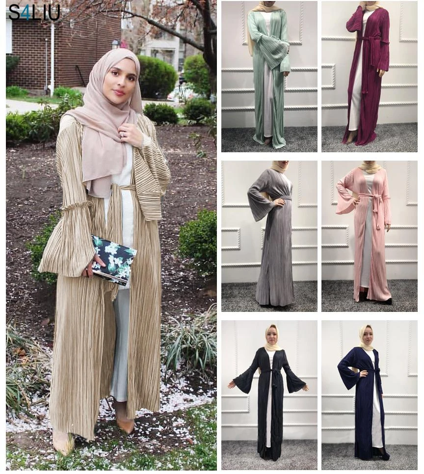 

Muslim Pleated Abaya Dress Women Ruffle Tunic Horn Sleeve Maxi Dress Kaftan Slim Open Cardigan Arabic Islamic Clothing Worship