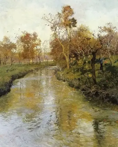 

Oil painting Fritz Thaulow - Beautiful autumn landscape with stream no framed
