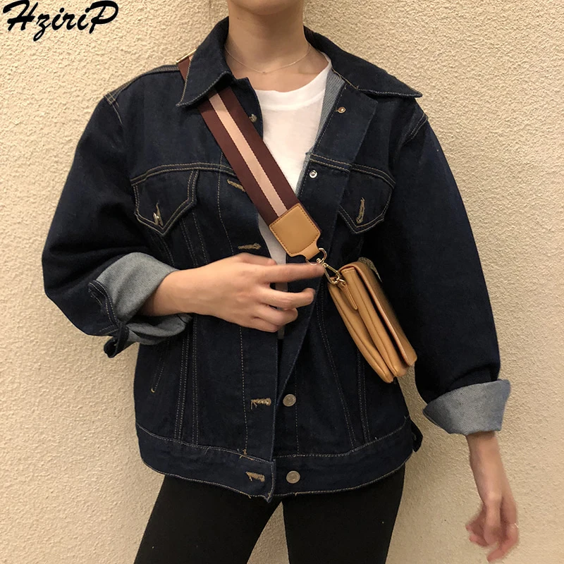 

HziriP Korean 2019 New Spring Casual Solid New Denim Jacket Women Fashion Regular Jeans Vintage Jackets Streetwear Loose Coat