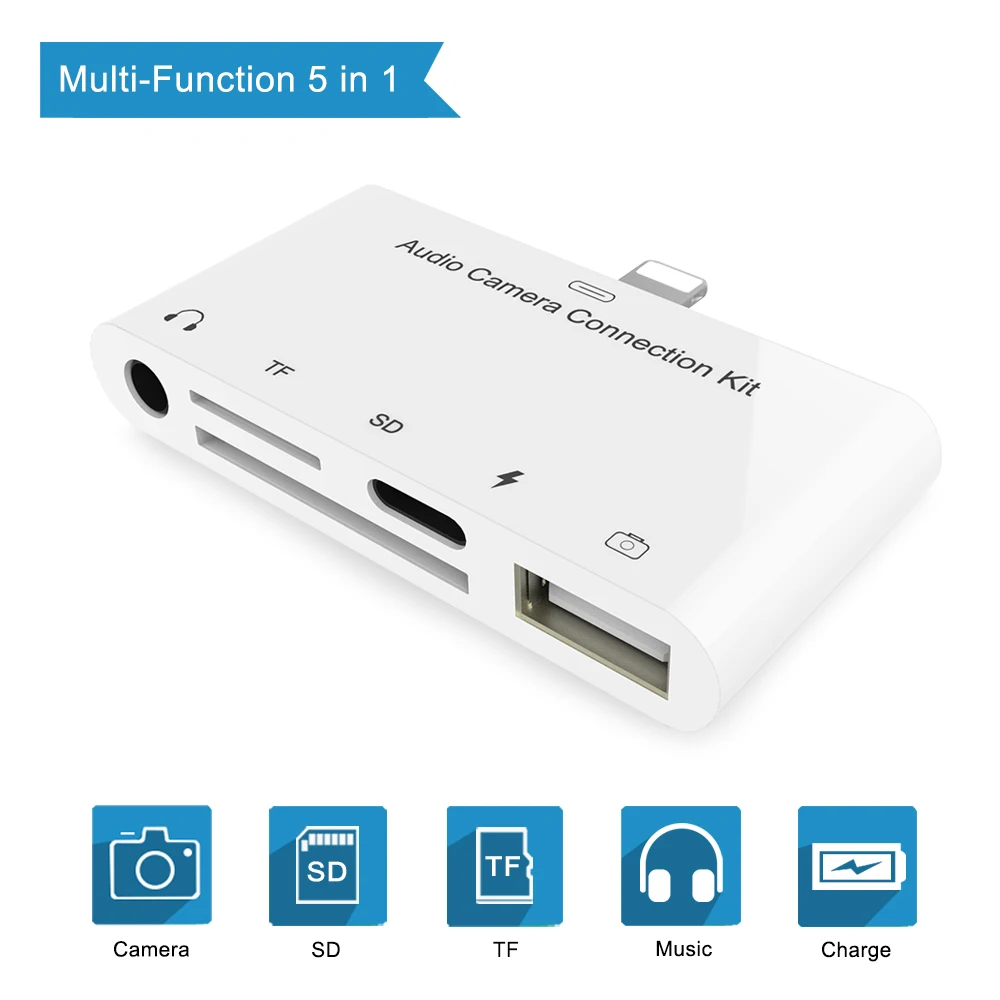

New 5 in 1 Audio Charging Adapter For Lightning to USB 3 Camera Reader Adapter with TF/SD Card Reader and 3.5mm Headphone Audio