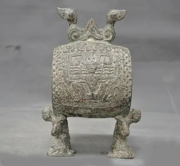 

wedding decoration 8"Shang dynasty Bronze ware bird Kneeling man Animal face Sacrifice drum tambour