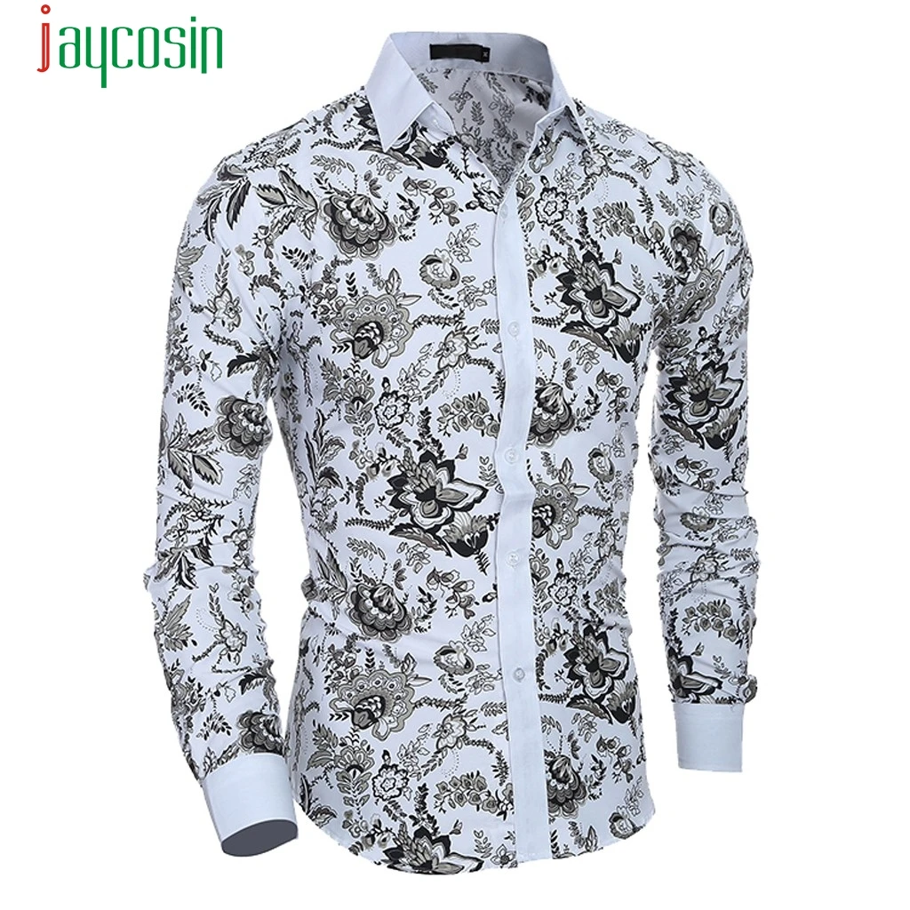 

2019 Mens Shirt New Fashion Hot Summer Casual MMen Spring Summer Casual Flower Print Long Sleeve Slim Shirt Top Blouse 40@