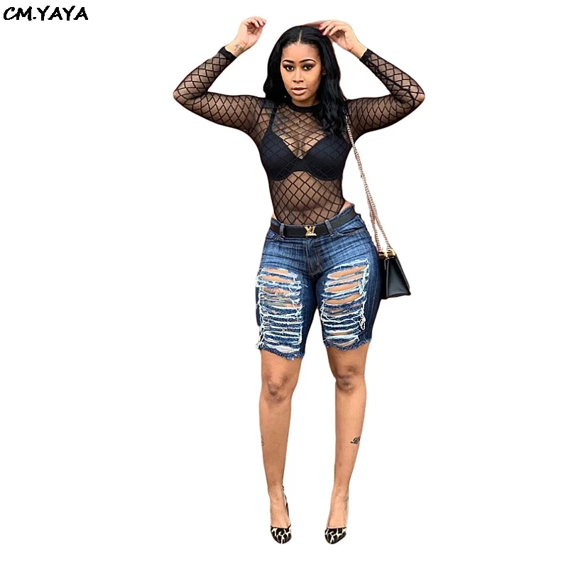 

2019 new women summer hole hollow out high waist knee length jeans fashion vintage high street wear denim pants trousers M5082