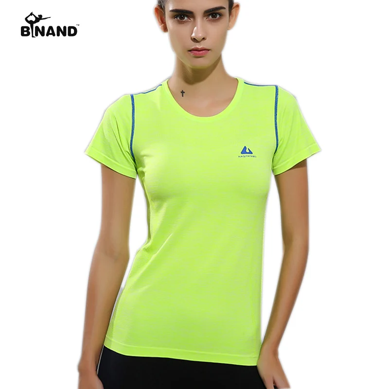 

BINAND New Female Summer Spring Short Sleeve Shirts Training Sports Fitness Top High Elastic Running Colourful Strip Yoga Cloths