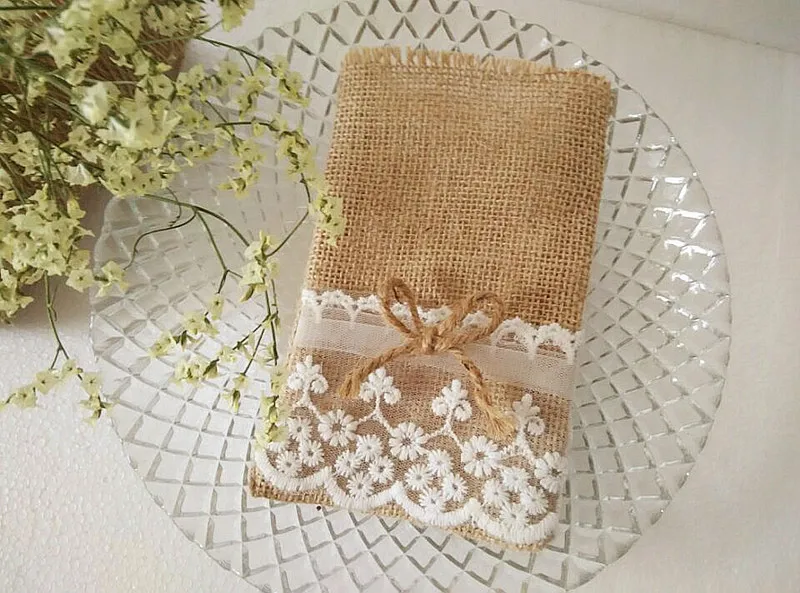 50 toile de jute Dentelle Sacs Cadeau avec ficelle 10x16 см mariage украшения в подарок мешочек